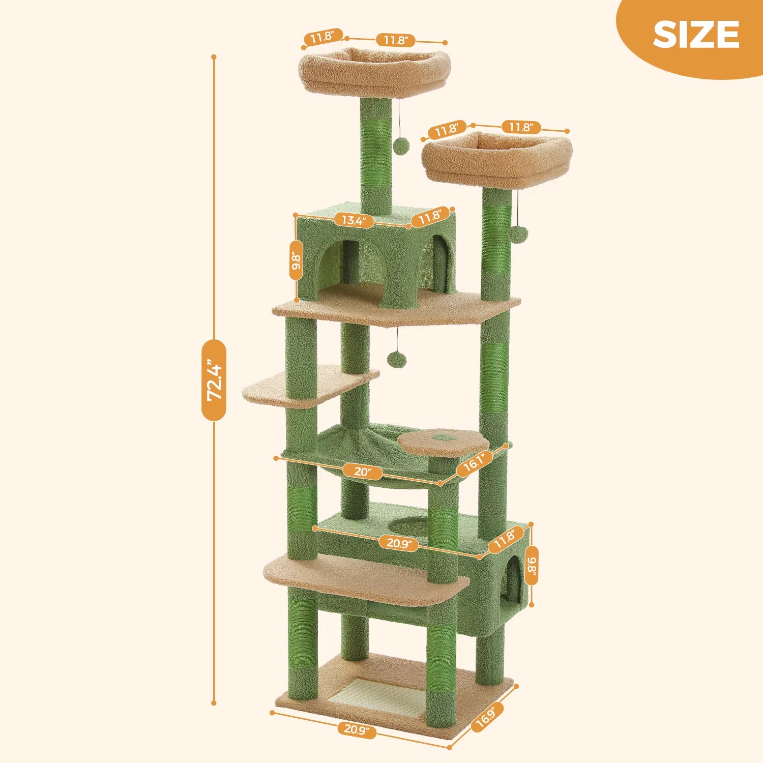 Multi-Level Cat Tree 72.4Inch Luxury Cat Tower with Condo Hammock Cat Scrapers with Scratching Post Cat Accessories Cat Toy