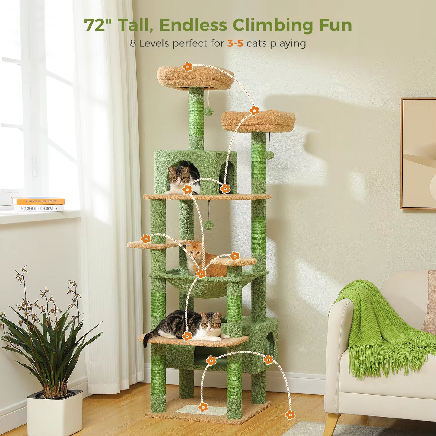 Multi-Level Cat Tree 72.4Inch Luxury Cat Tower with Condo Hammock Cat Scrapers with Scratching Post Cat Accessories Cat Toy