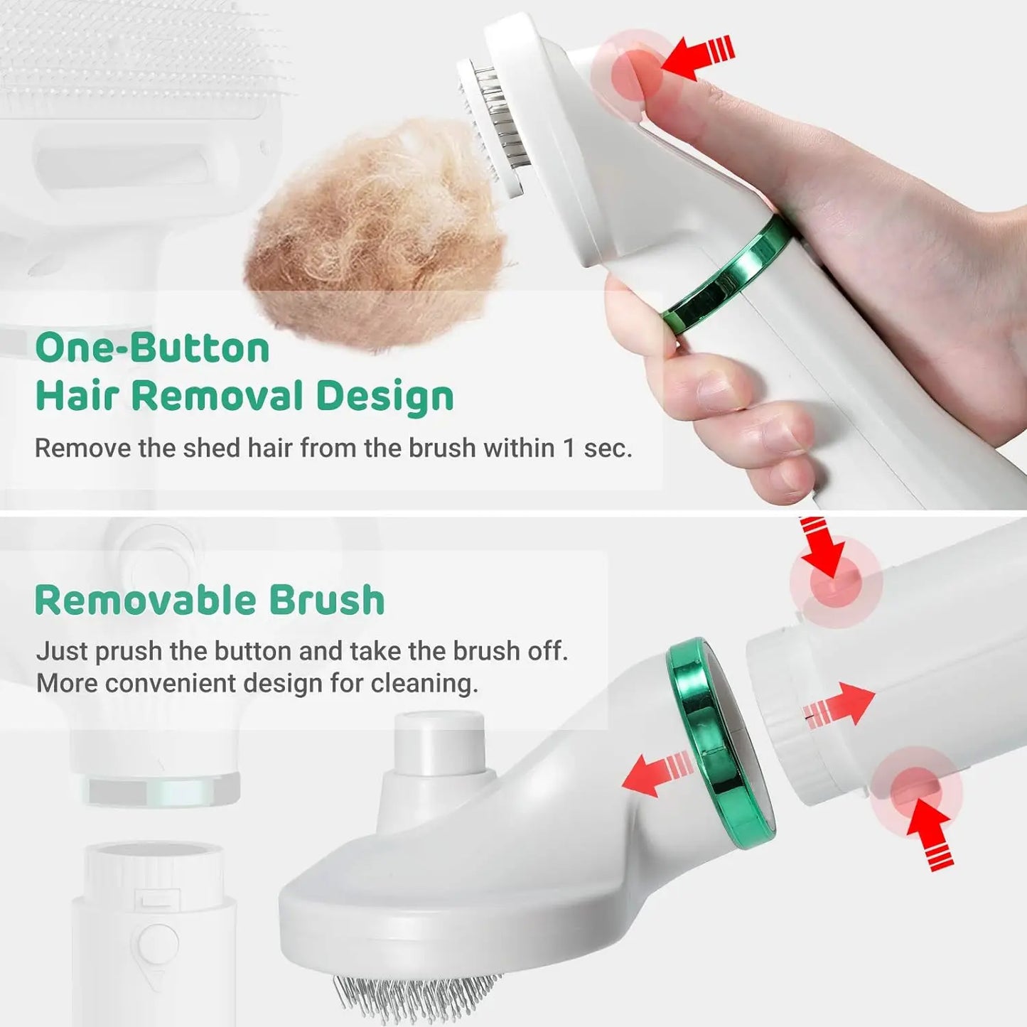 Pet Hair Dryer with Slicker Brush 3 Heat Settings One-Button Hair Removal Portable Dog Blower for Cleaning Grooming Furry Drying